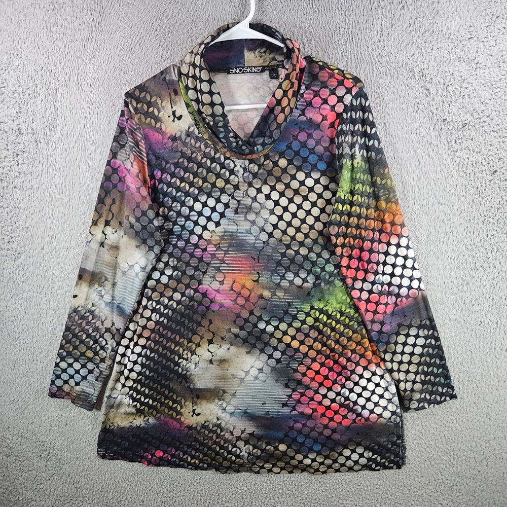 Snoskins Womens Cowl Neck Tunic Top Multicolor Abstract Polka Dot Print Large